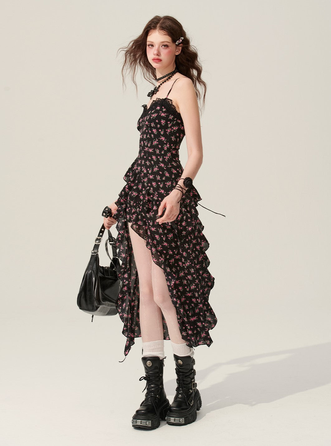 Female Slit Waist Black Suspender Dress DIA0150