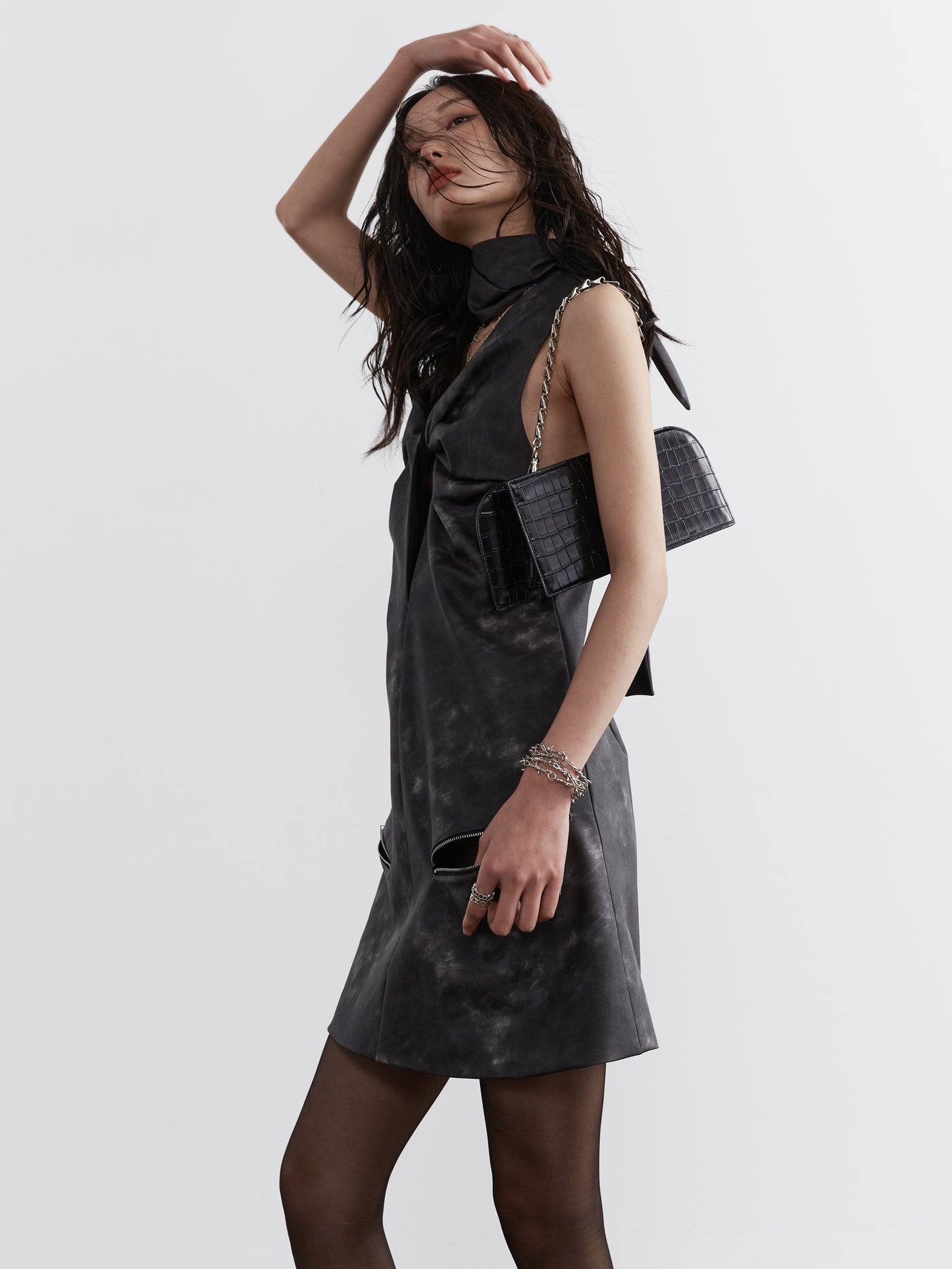 Dark Punk Cut-out Smoked Leather Bib Dress JNY0118