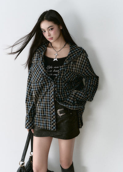 Washed Distressed Hooded Plaid Shirt VIA0166