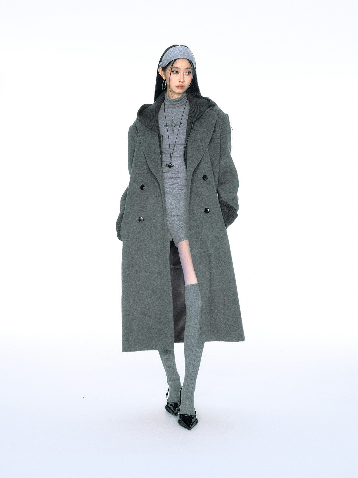 Retro Fake Two-piece Ribbed Splicing Removable Hooded Wool Coat CUR0155