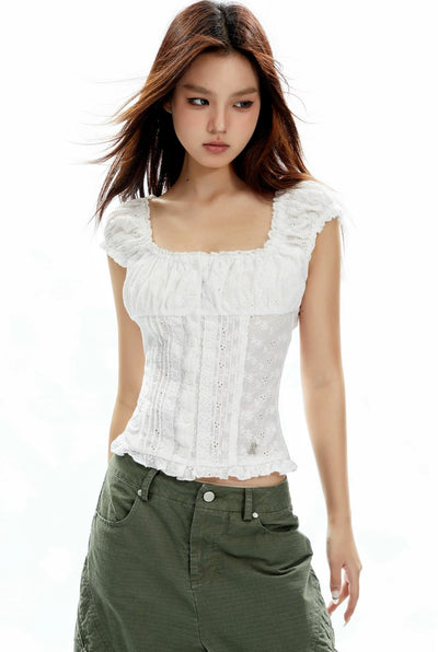 Lace Button Waist Slim Puff Sleeve Shirt APE0324