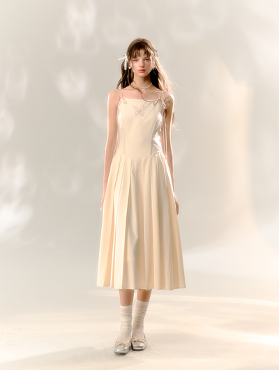 Beige Butterfly Lace Embroidery Suspenders Pleated Dress SUN0069