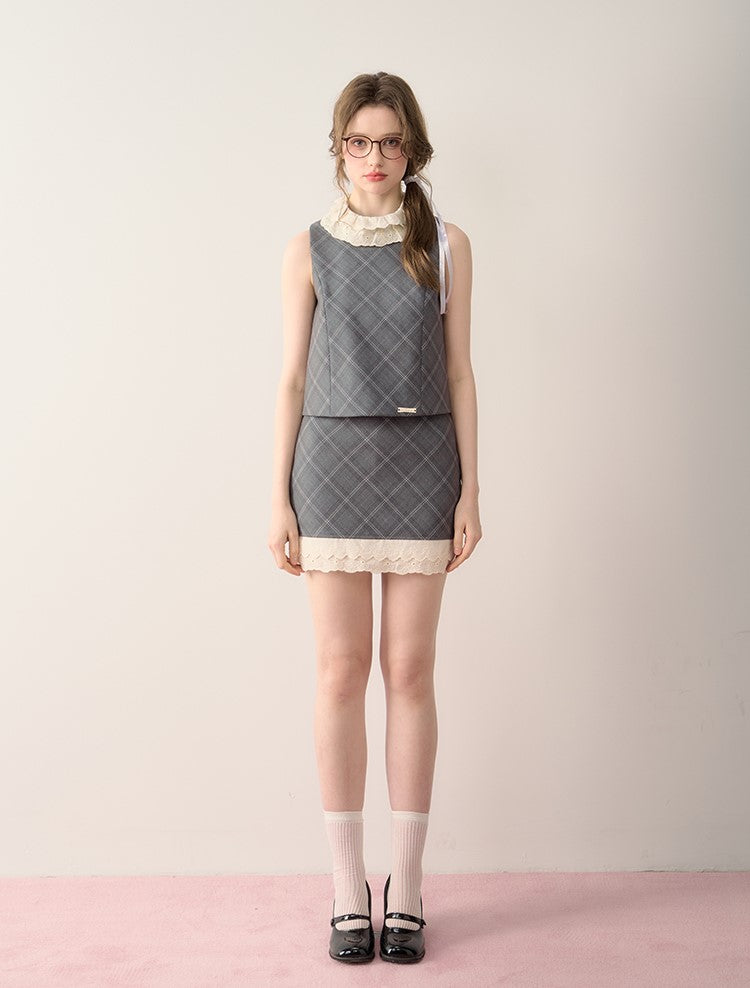 Gray Flower Printed/Checkered Sleeveless Top/Suit Skirt QDQ0060