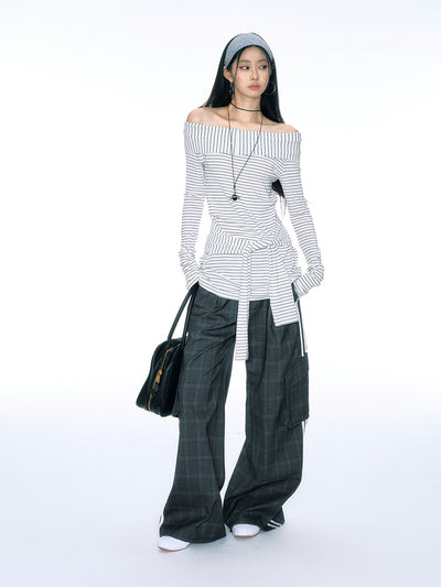 Plaid Loose Drape Workwear Straight Wide-leg Mopping Pants CUR0154