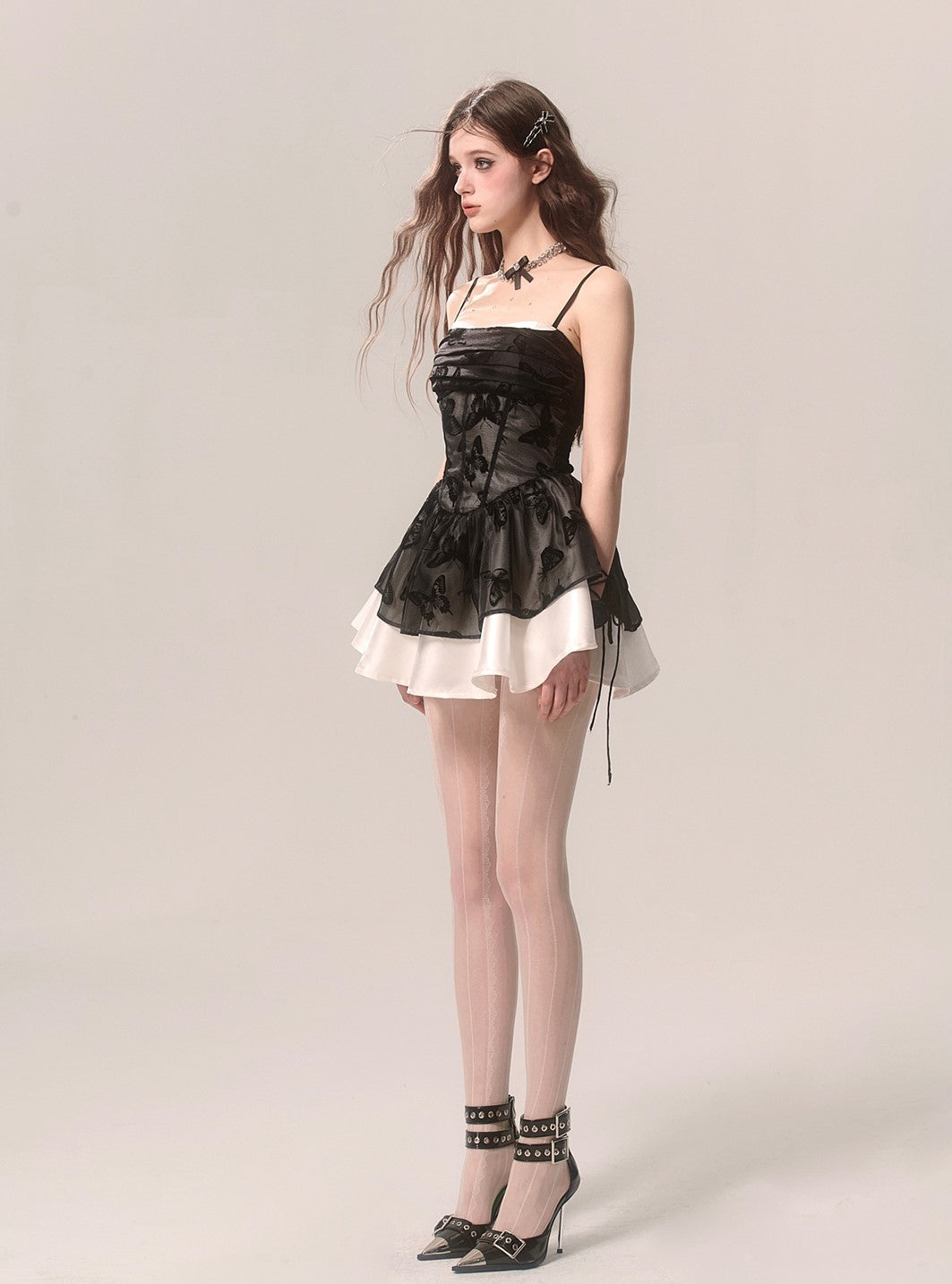 Black Fake Two-piece Butterfly Satin Suspender Dress DIA0070