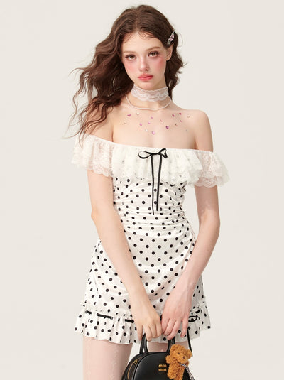 White Polka Dot Lace One Shoulder Dress DIA0177