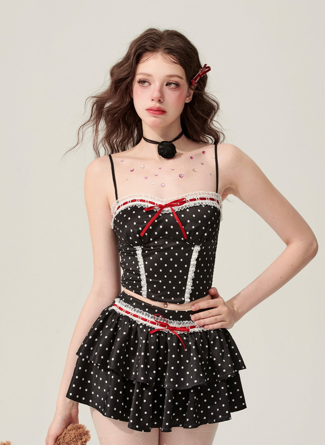 Black Polka Dot Suspender Top/A-line Slimming Short Skirt DIA0171