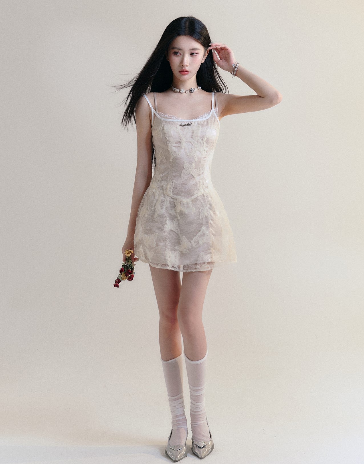 Butterfly Imprint Lace Layered Suspender Dress FRA0180