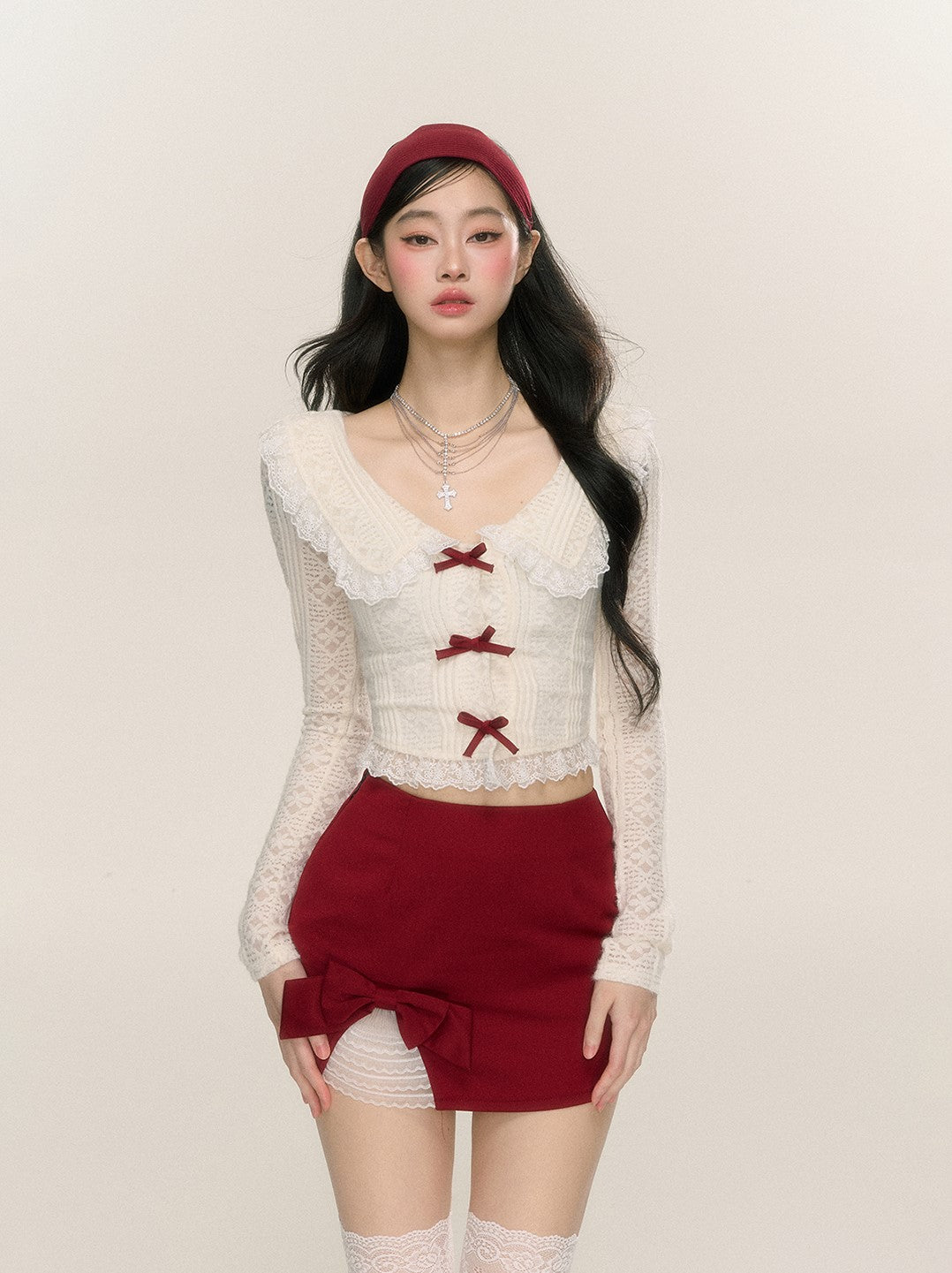 Sweetheart Doll Collar Lace Long Sleeve Thin Shirt/Red Skirt DIA0220