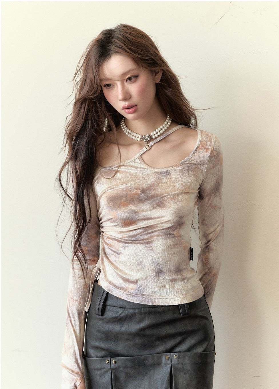 Rendering Color Design Drawstring Irregular Long-sleeved T-shirt VIA0153