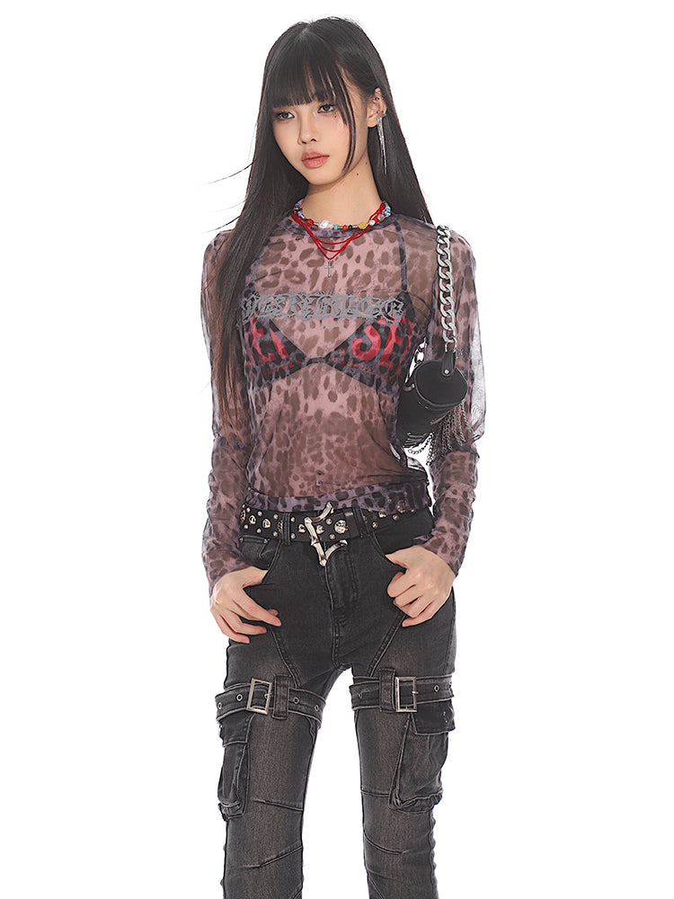 Leopard Print Mesh Long Sleeve T-shirt UNC0121