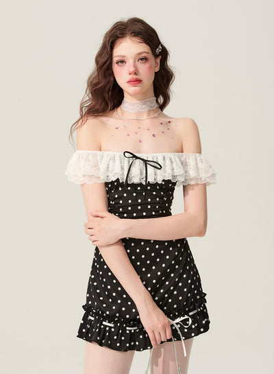 Black One-shoulder Polka Dot Dress DIA0176