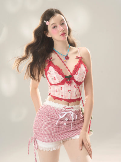 Cherry White Tea Pink Lace Camisole/Short Skirt Pants DIA0193