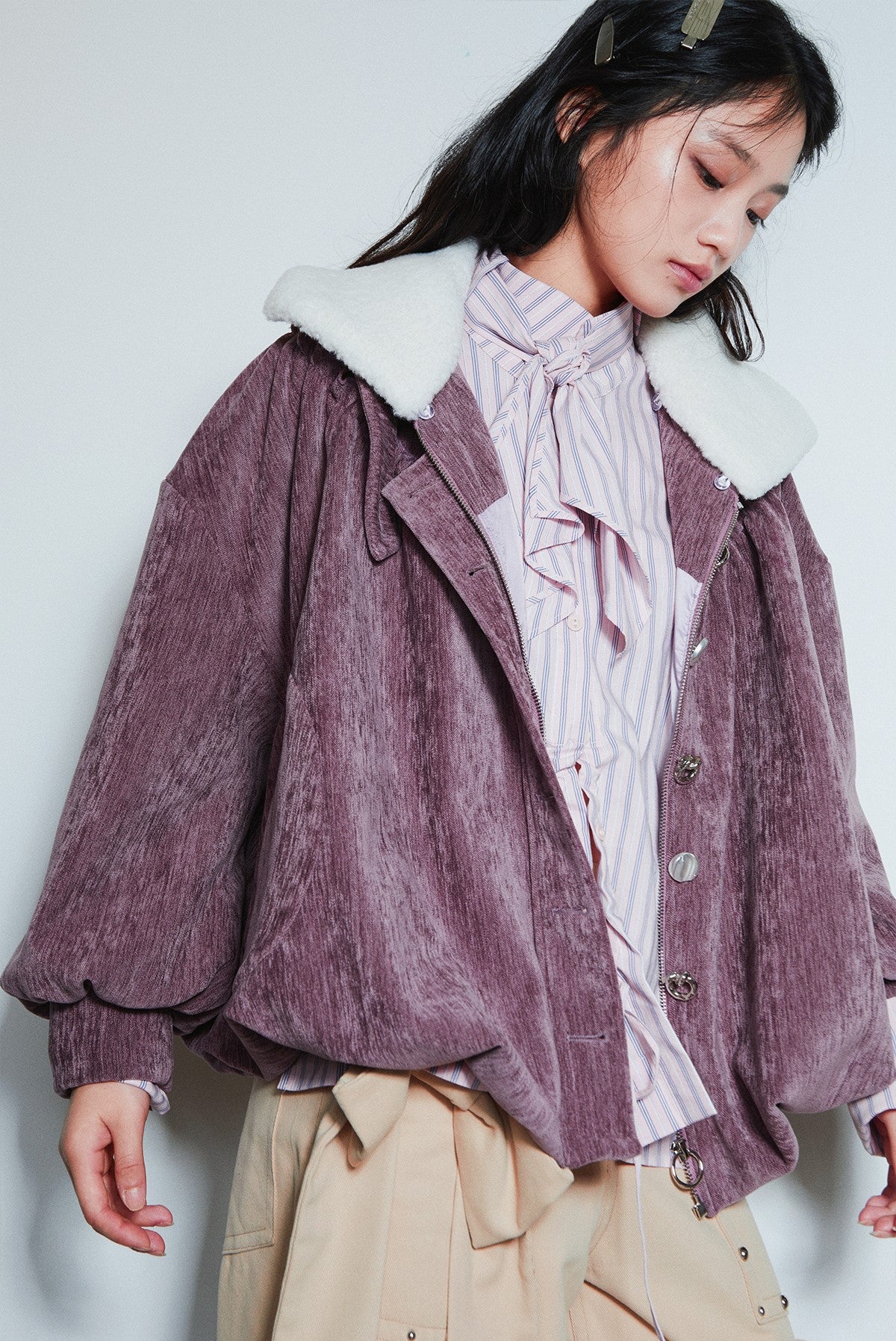 Fur Collar Detachable Pleated Cloud Jacket SEL0002