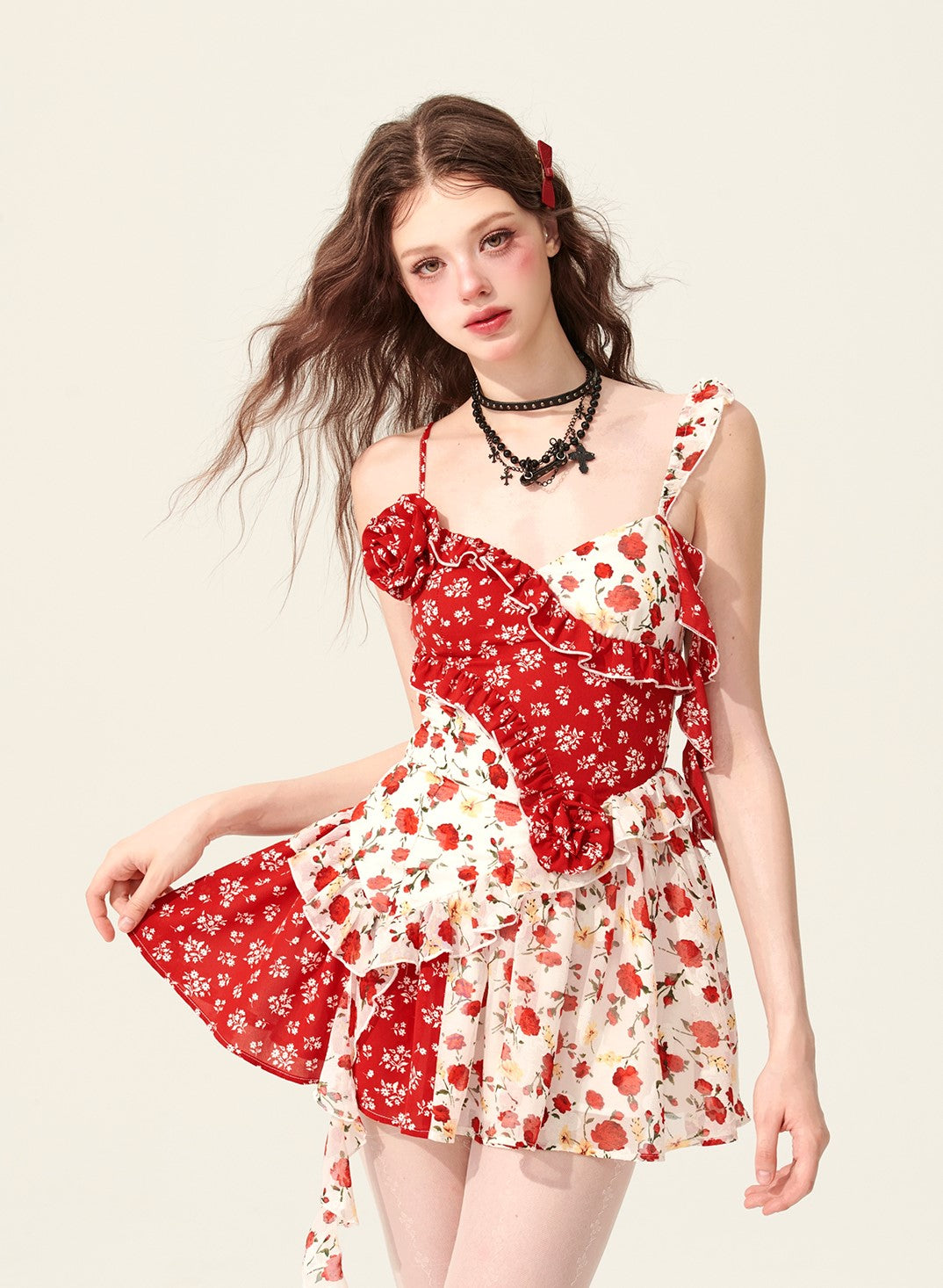 Rose Red Splicing Floral Suspender Dress DIA0167