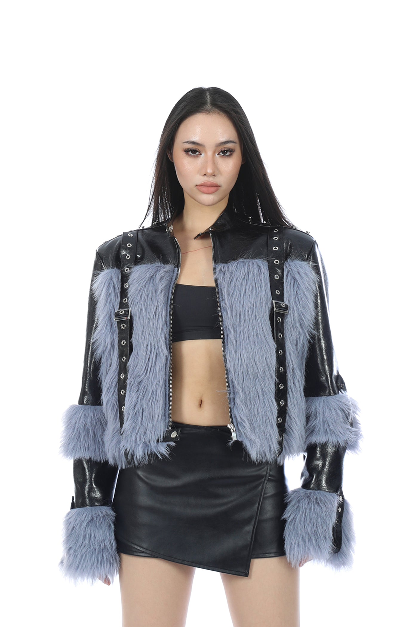 Blue Lazy Belt Buckle Fur Straped Jacket NOL0043