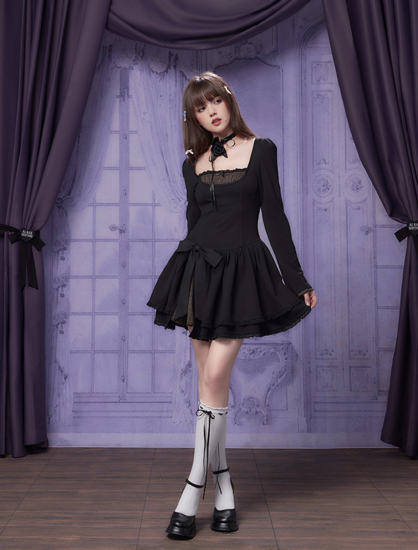 Bow Stitching Plaid Long-sleeved Cake Skirt Dress SAG0121