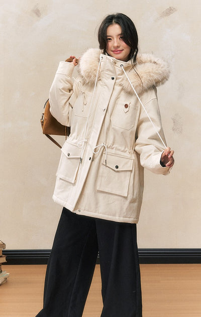 White Loose Hooded Parka Thick Warm Cotton Coat SHI0091