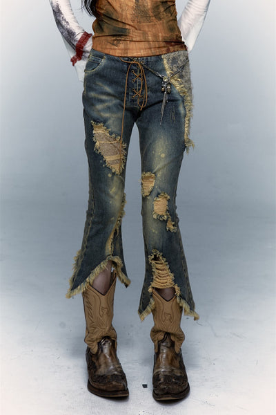 Retro Punk Patchwork Lace Ripped Cropped Flared Jeans NOR0069