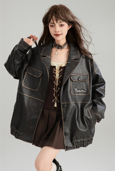 Black Leather Handsome Silhouette Jacket KEI0175