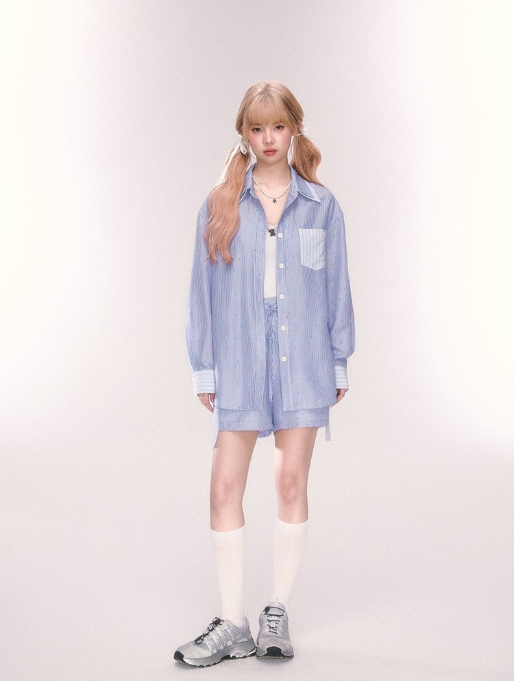 Blue Lapel Long Sleeve Striped Shirt/Loose Shorts QDQ0067