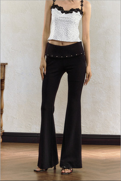 Turned-waist Studded Design Slim Low-waisted Flared Pants AGM0055