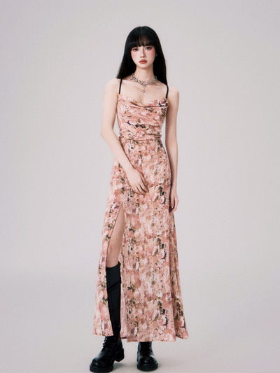 Apricot Pink Floral Swing Collar Backless Suspender Dress LUL0060