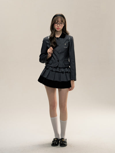 Gray Striped Suit Jacket/Cake Pleated Skirt SUN0080