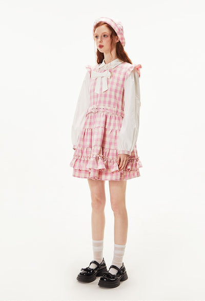 Pink Long Sleeve Princess Style Splicing Plaid Dress TIP0028