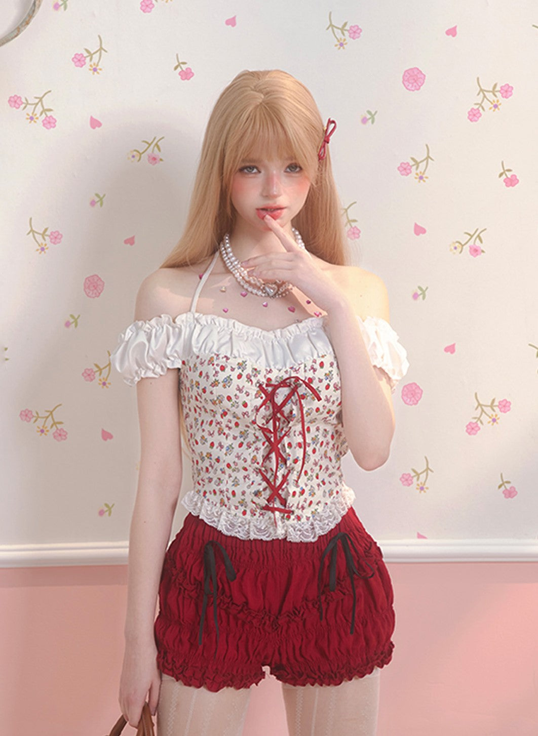 Strawberry Sweetheart White One Shoulder Shirt/Shorts DIA0119