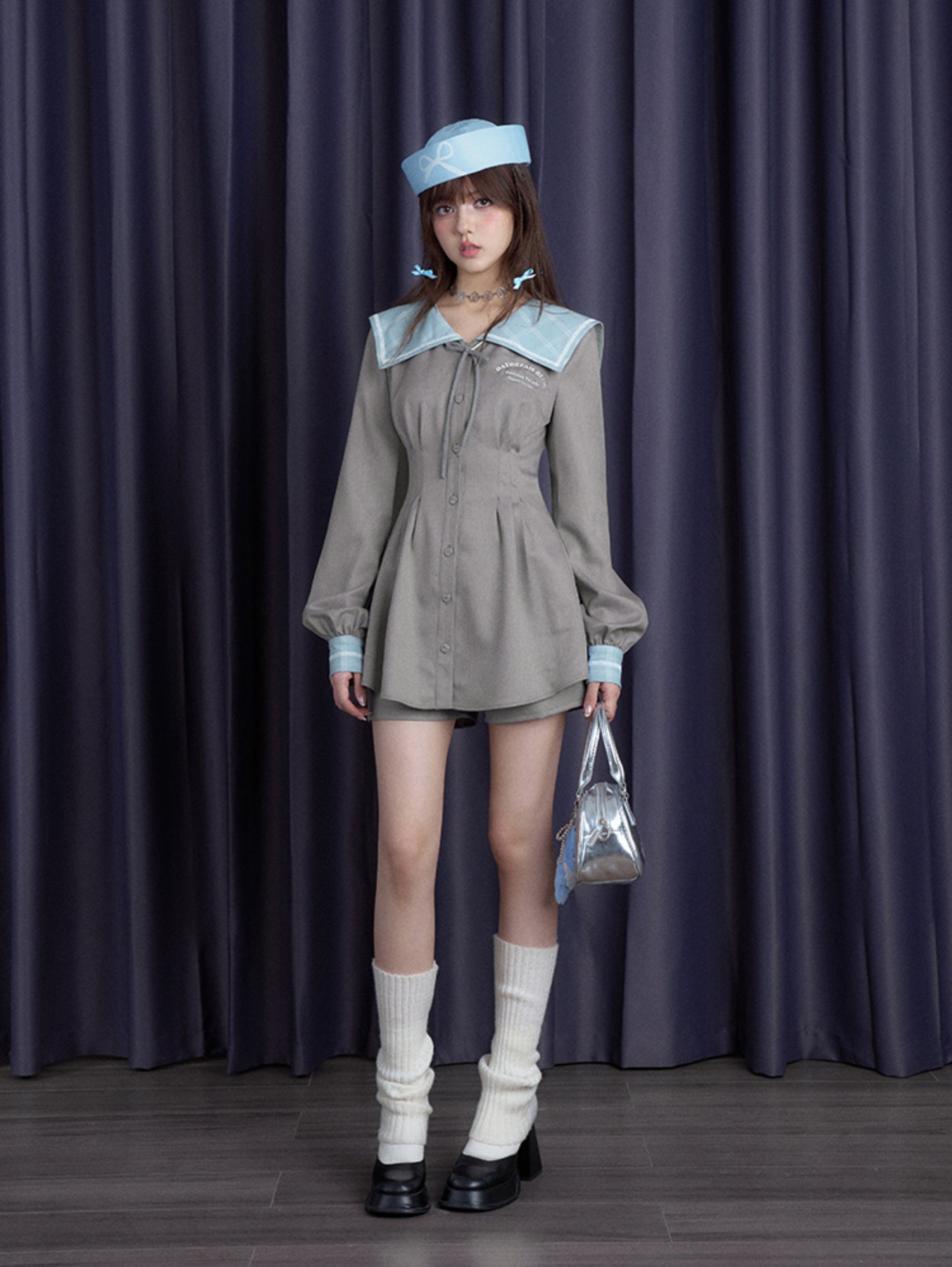 Gray-blue Sailor Collar Waist Dress/Shorts SAG0191