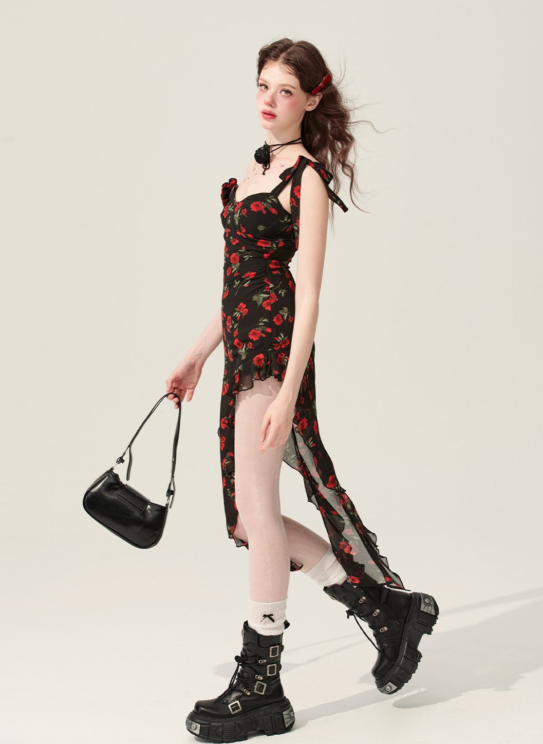 Black Amber Floral Ruffle Irregular Suspender Dress DIA0172