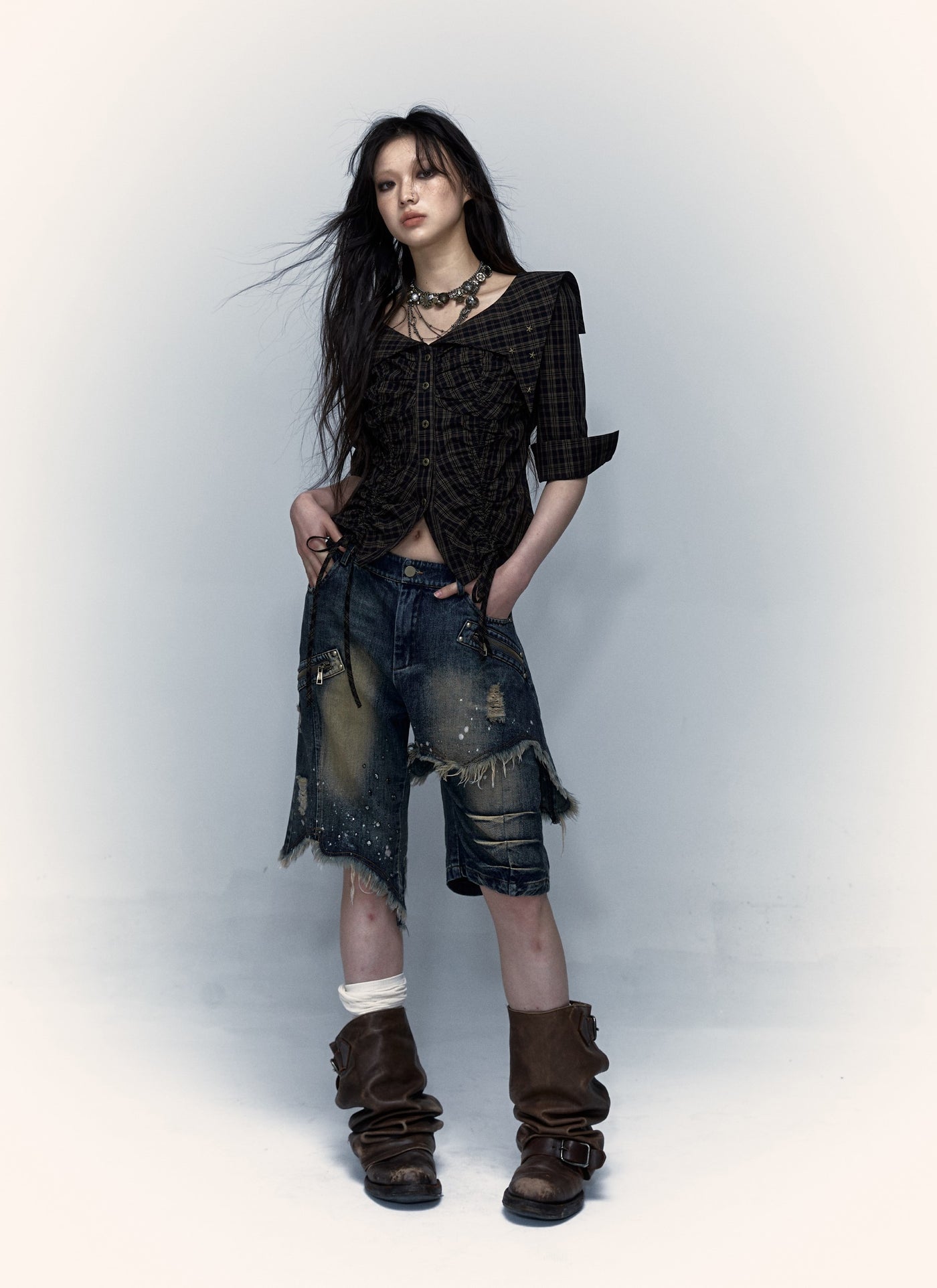 Punk Street Washed Distressed Wide-leg Half-length Jeans NOR0055