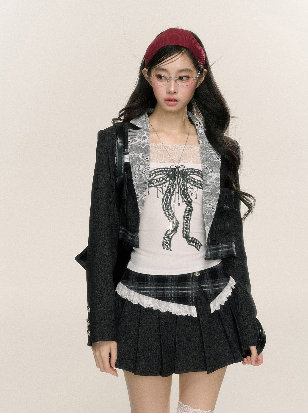 Long-sleeved Short Suit Plaid Jacket/Pleated Skirt DIA0235