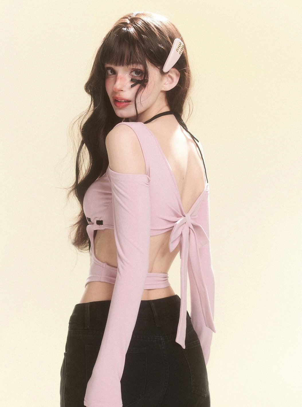 Pink Long Sleeve Off-Shoulder Slim Design Short Top DIA0117