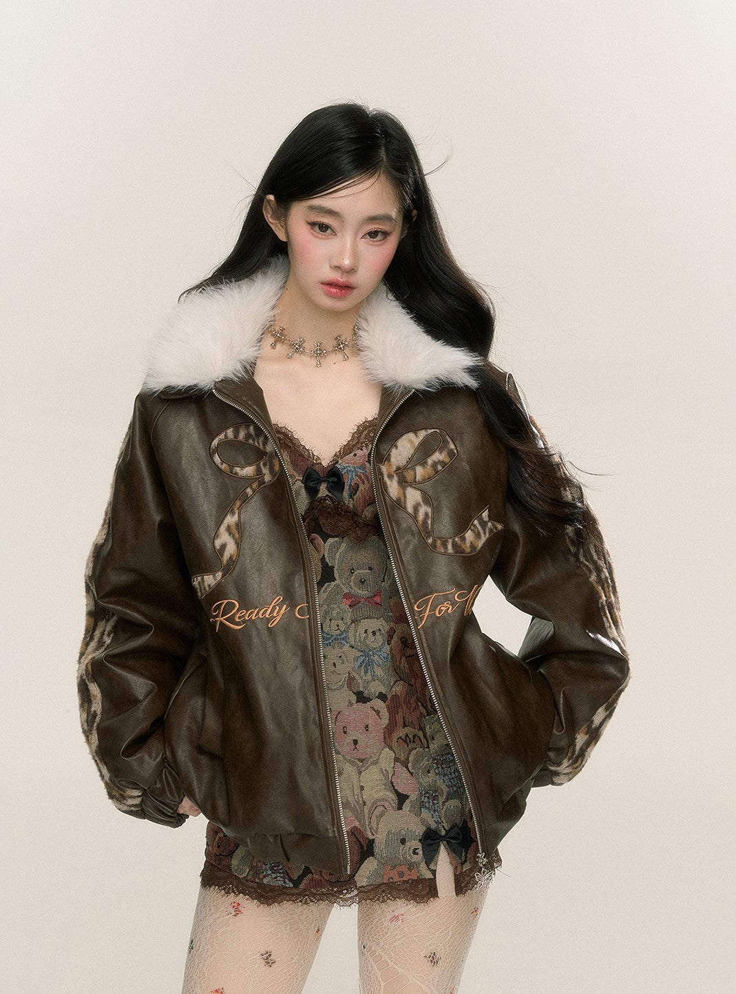 Fur Collar Loose Leopard Print Leather Jacket DIA0223