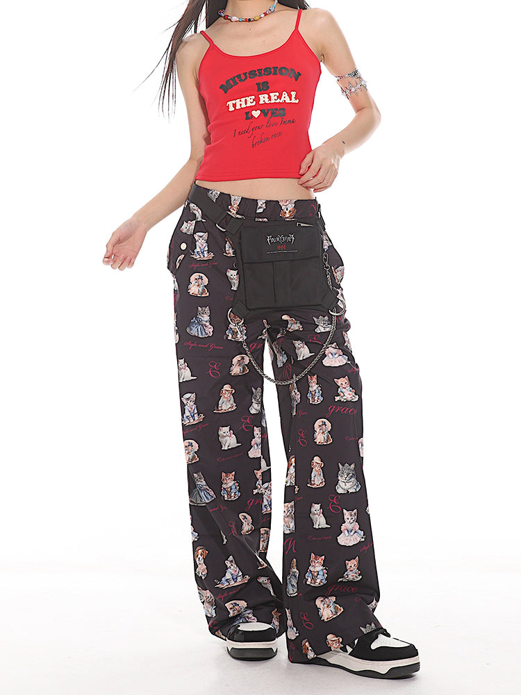 Cat Letter Floral Loose Straight Casual Pants UNC0125