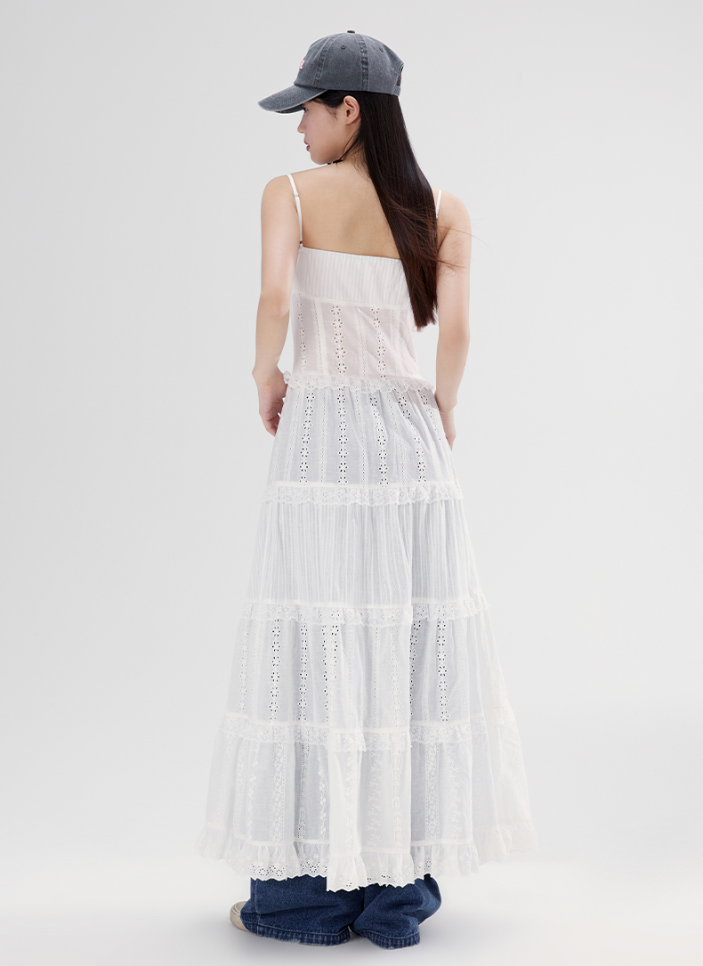 Lace Long White Suspender Dress WOO0098