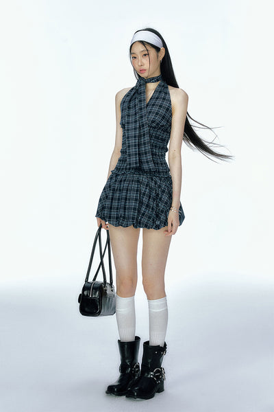 Navy Blue Plaid Sleeveless Top/Skirt CUR0127