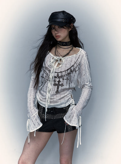 Lazy Printed One-line Collar Drawstring See-through Long-sleeved T-shirt NOR0043