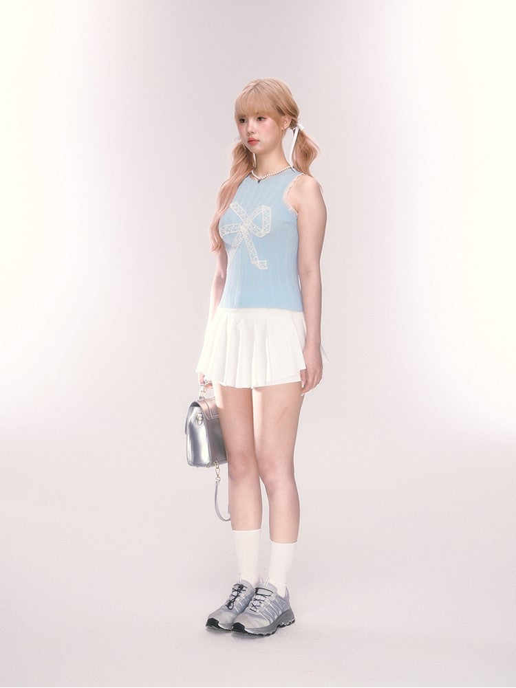 Blue Bow Knitted Sleeveless Short Lace Top QDQ0068