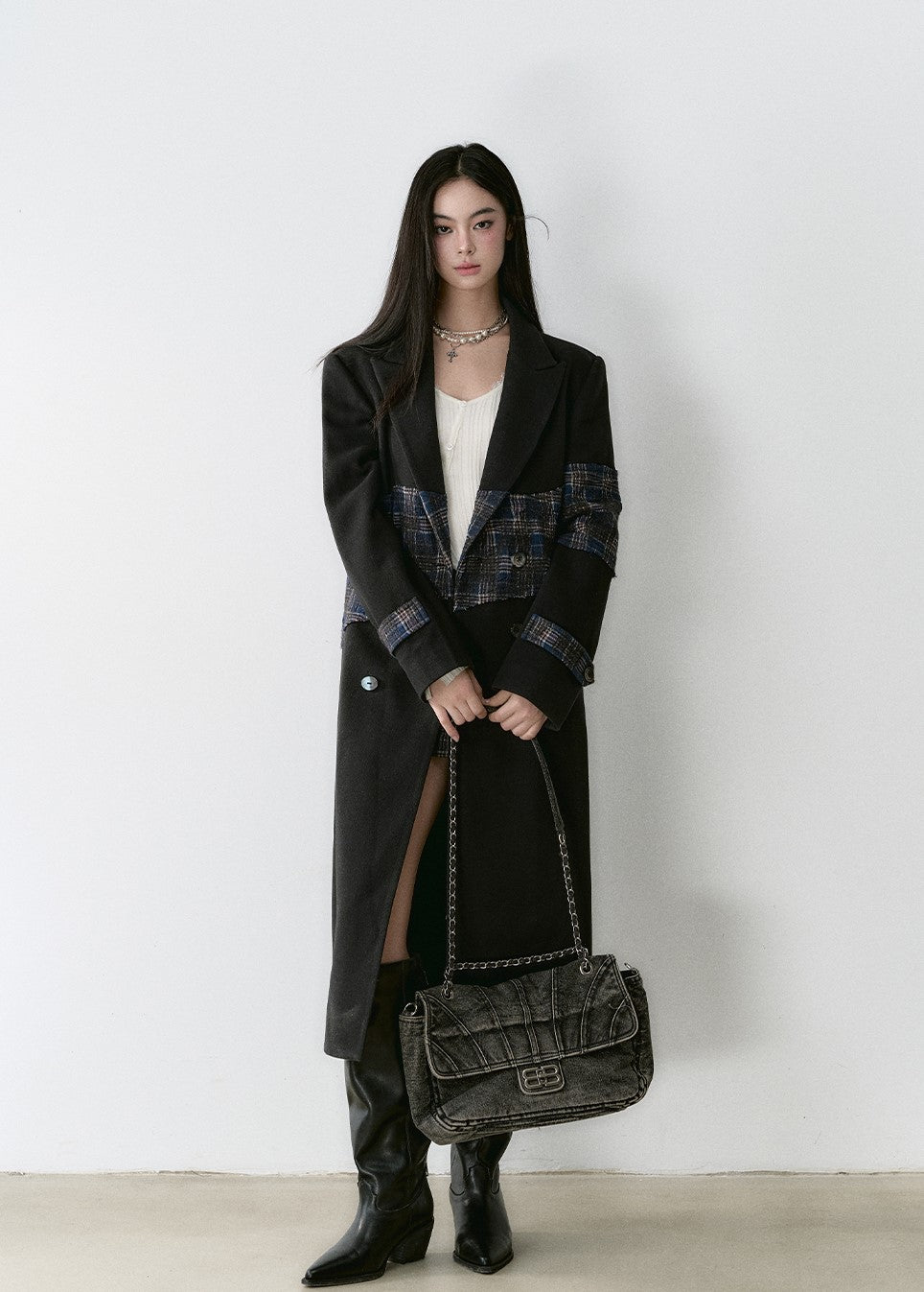 Plaid Stitching Design High-end Wool Long Coat VIA0163