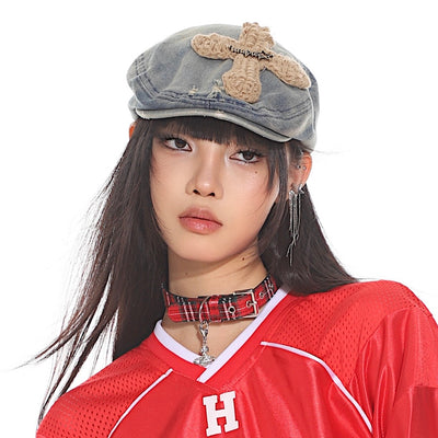 Washed Retro Cross Beret UNC0115