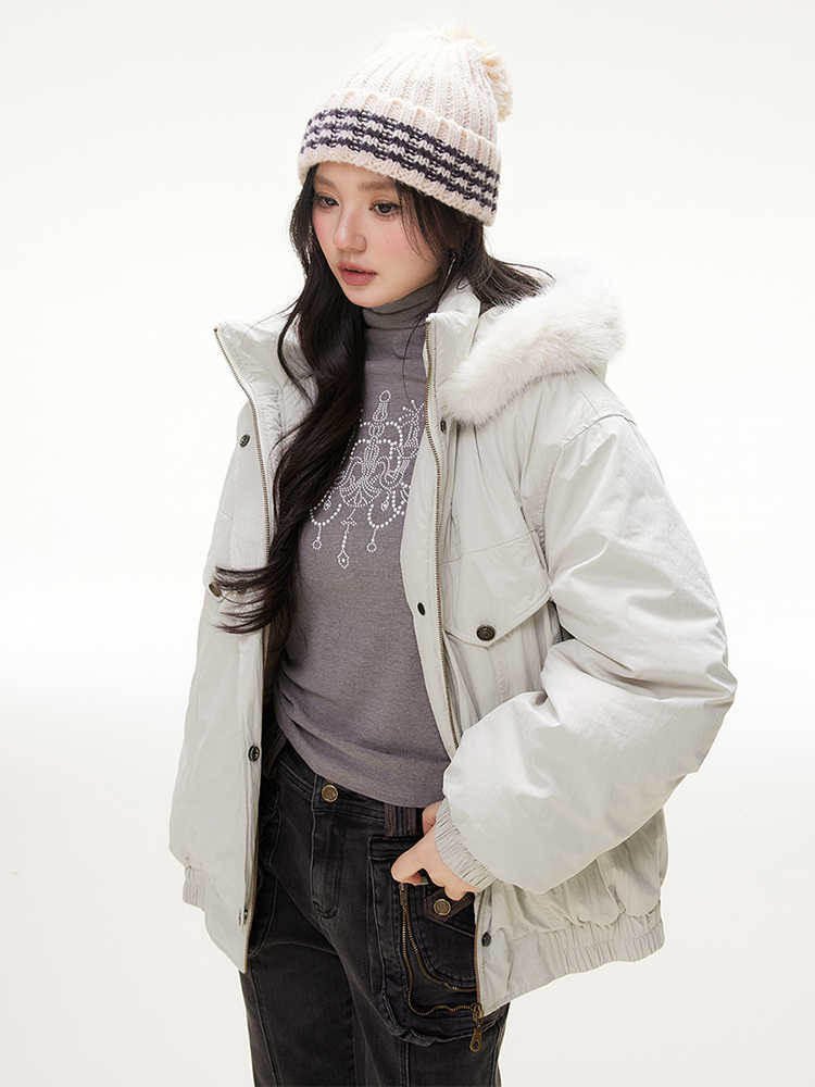 Vintage Street Detachable Fur Collar Hooded Cotton Loose Jacket IMO0073