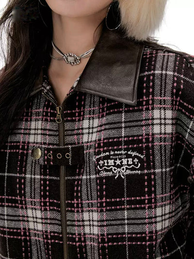 Retro Trend Contrast Color Plaid Leather Collar Jacket IMO0082