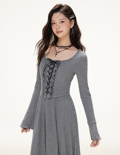 French Sweet Contrast Velvet Strap A-line Waist Slim Knitted Dress IMO0087