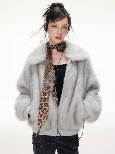 Street Ribbed Hem Fur Lapel Long Sleeve Short Jacket IMO0068