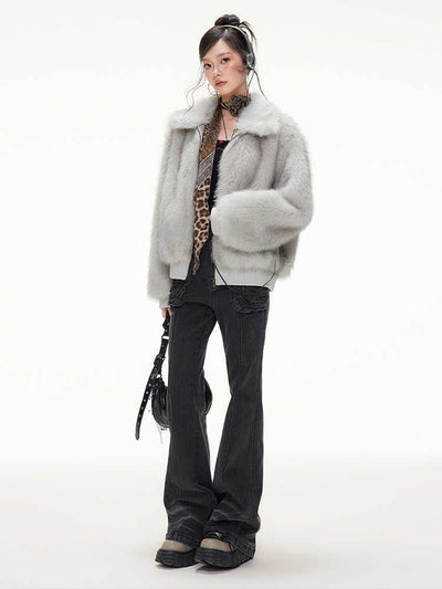 Street Ribbed Hem Fur Lapel Long Sleeve Short Jacket IMO0068