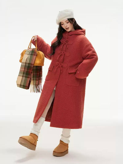 Christmas Bow Loose Hooded Woolen Llong Coat IMO0084