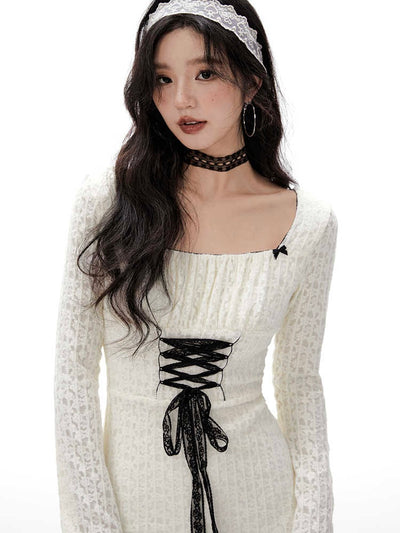 Lace Jacquard Strappy Square Neck Long Sleeve Knit Dress IMO0071